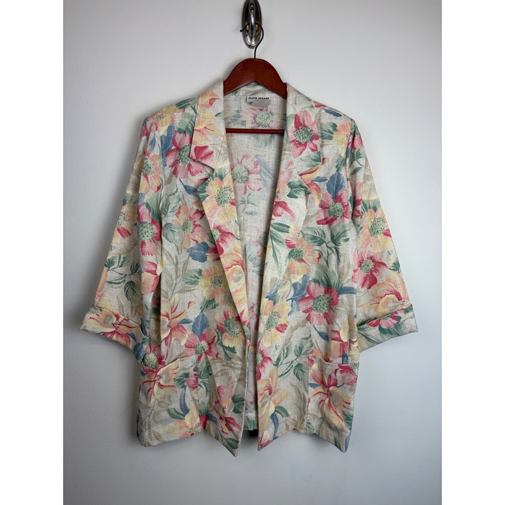 Alice Stuart Blazer Medium Floral Vintage 90s Flax Linen Open Front Cottagecore